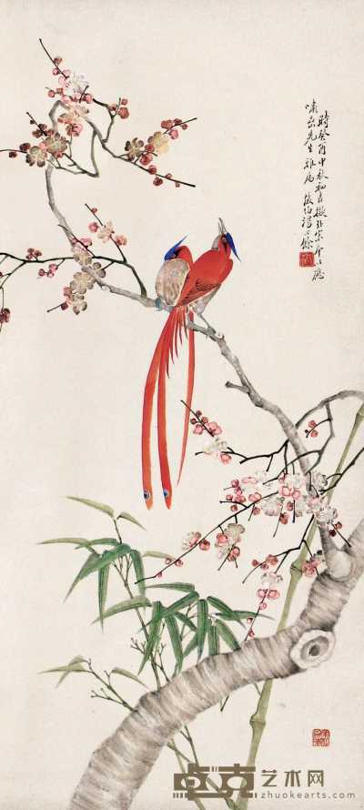 汤心余 癸酉（1933年）作 花鸟 立轴 84×38cm